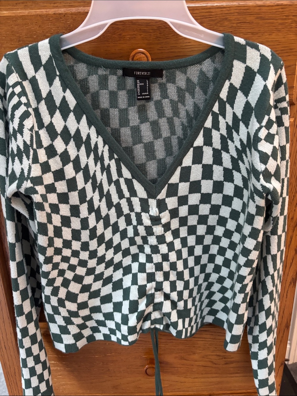 Forever 21 Green and White Checkerboard V-Neck Drawcord Sweater